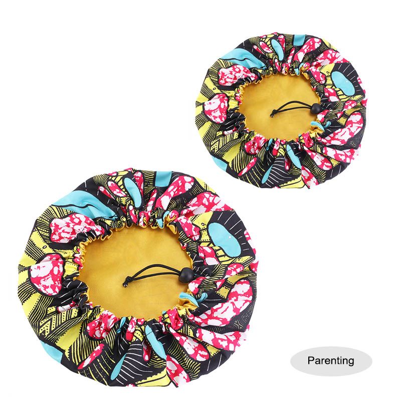  Kids - Satin Double Layer - African Ankara Pattern Bonnet Sleep Cap - Yellow Red BlacK