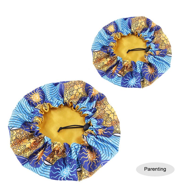  Kids - Satin Double Layer - African Ankara Pattern Bonnet Sleep Cap - Blue Gold