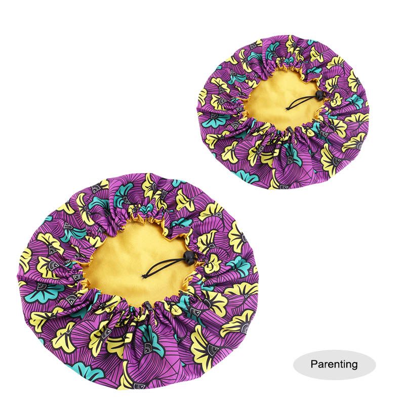  Satin Double Layer - African Ankara Pattern Bonnet Sleep Cap - Purple