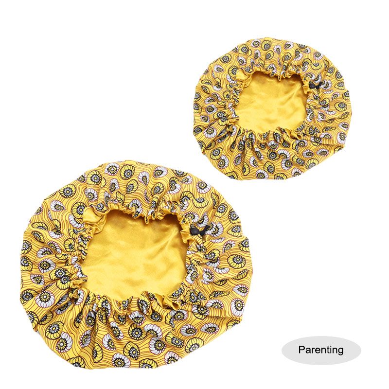  Kids - Satin Double Layer - African Ankara Pattern Bonnet Sleep Cap - Yellow Circle B